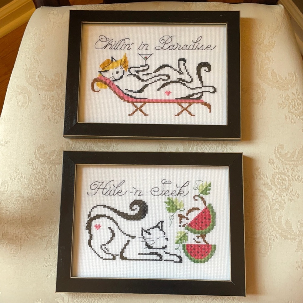 Professionally framed cat cross-stitch set, cat chilling w/cocktail, watermelon